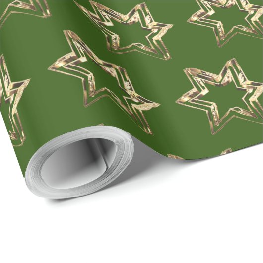 Elegant Stars Pattern Green en Gold Cadeaupapier (Rol Hoek)