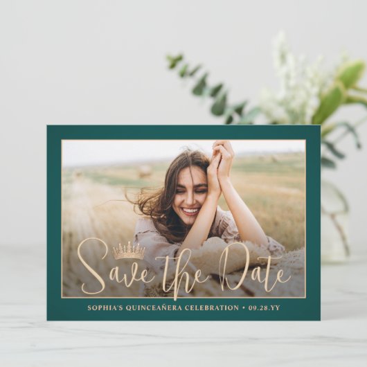 Elegant Stars Roos Gold Quinceañera 2 Foto Groen Save The Date (Staand voorkant)