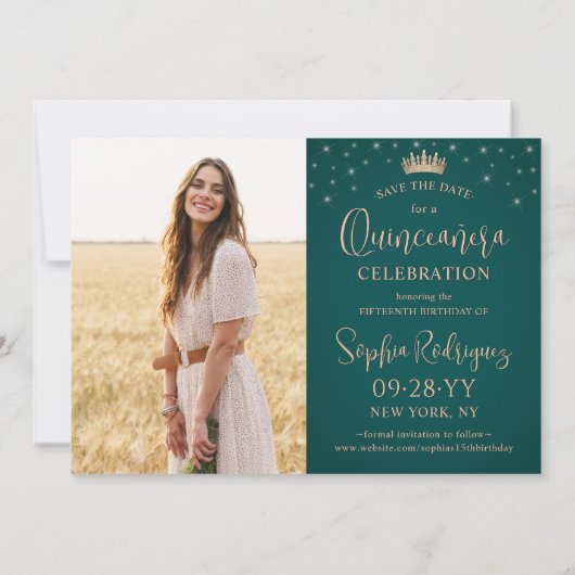Elegant Stars Roos Gold Quinceañera 2 Foto Groen Save The Date (Achterkant)