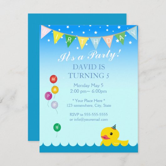 Elegant Stars & Rubber Duck Blue Birthday Kaart (Voorkant / Achterkant)