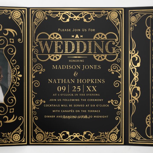 Elegant Steampunk Victoriaans Wedding Drieluik Uitnodiging (Binnenkant midden)