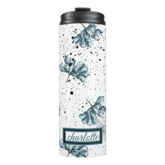 Elegant steel blue Floral Monogram Thermosbeker (Voorkant)