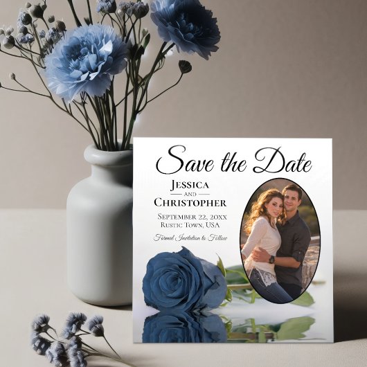 Elegant Steel Blue Roos Oval Photo White Wedding Save The Date