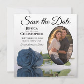 Elegant Steel Blue Roos Oval Photo White Wedding Save The Date (Voorkant)