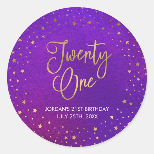 Elegant Sterrenfeest Paarse Waterverf 21e Verjaard Ronde Sticker (Voorkant)