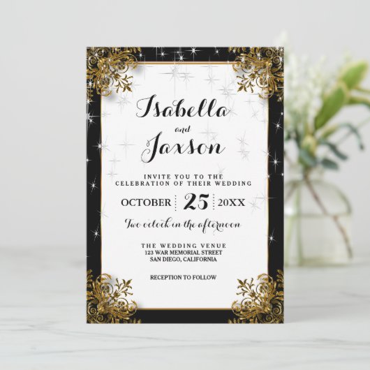 Elegant Sterrennacht Weddenschap in zwart-wit en g Kaart (Staand voorkant)