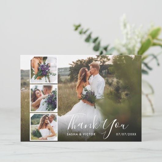 Elegant Stijl Schrift 4 Foto's Trouw Dankjewelkaar Kaart (Staand voorkant)