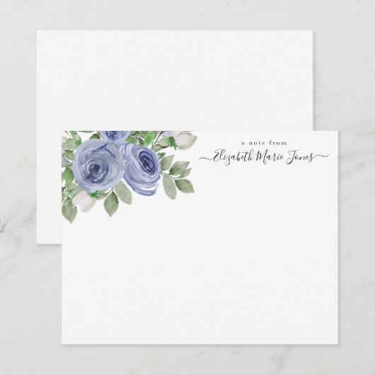 Elegant Stijlvol Bloemblauw Waterverf Roos Script Notitiekaartje (Voorkant / Achterkant)