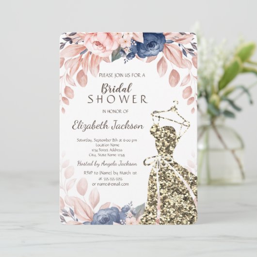 Elegant Stijlvol Glitter Dress Blue Flowers Kaart (Staand voorkant)