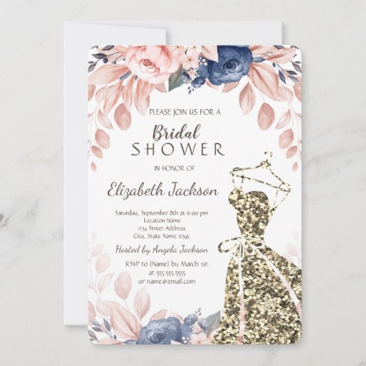 Elegant Stijlvol Glitter Dress Blue Flowers Kaart (Voorkant)