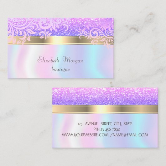 Elegant stijlvol Glittery Gold Floral Holographic Visitekaartje (Voorkant / Achterkant)