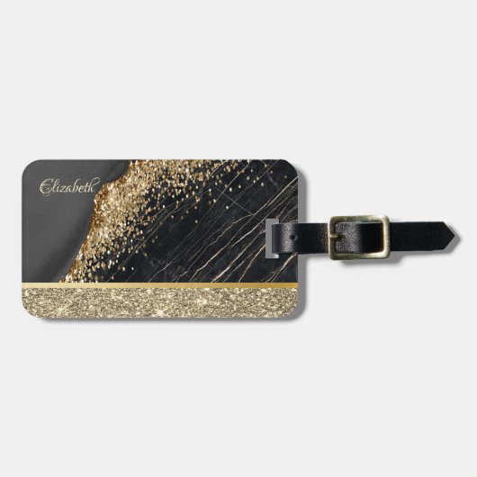 Elegant stijlvol Gold Glitter Sequins Black Marble Bagagelabel (Voorkant horizontaal)
