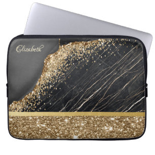 Elegant stijlvol Gold Glitter Sequins Black Marble Laptop Sleeve