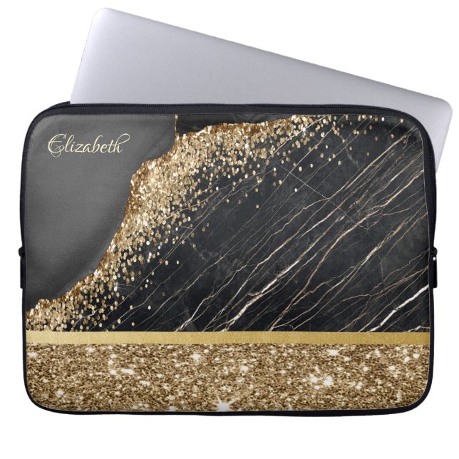 Elegant stijlvol Gold Glitter Sequins Black Marble Laptop Sleeve (Voorkant)