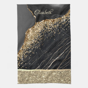 Elegant stijlvol Gold Glitter Sequins Black Marble Theedoek