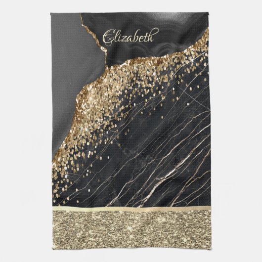 Elegant stijlvol Gold Glitter Sequins Black Marble Theedoek (Verticaal)