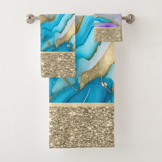 Elegant Stijlvol Goud, Blauw, Violet Marmer Bad Handdoek (Insitu)