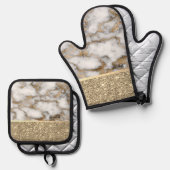 Elegant stijlvol goud Glitter Shiny White Marble Ovenwant & Pannenlap Set (Voorkant / Achterkant)