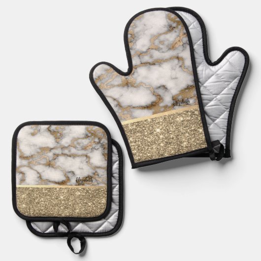 Elegant stijlvol goud Glitter Shiny White Marble Ovenwant & Pannenlap Set (Voorkant / Achterkant)