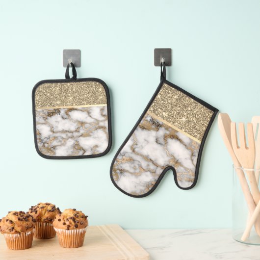 Elegant stijlvol goud Glitter Shiny White Marble Ovenwant & Pannenlap Set (Insitu(Ophanging))