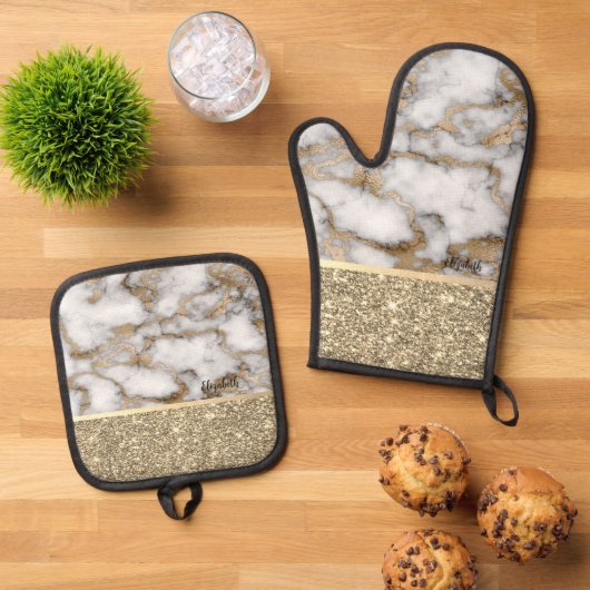 Elegant stijlvol goud Glitter Shiny White Marble Ovenwant & Pannenlap Set (Top down)