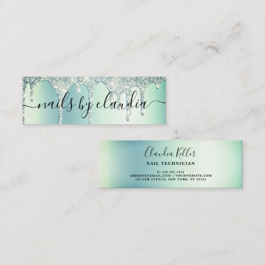 Elegant, stijlvol, groen gekleurd glitter druppelt mini visitekaartje (Voorkant / Achterkant)