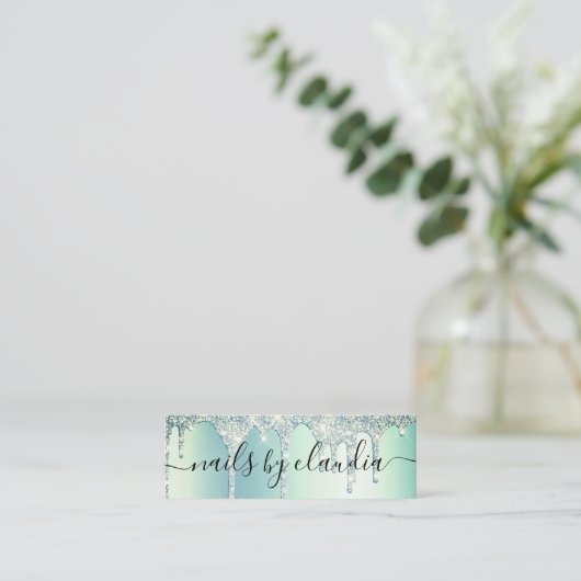 Elegant, stijlvol, groen gekleurd glitter druppelt mini visitekaartje (Staand voorkant)