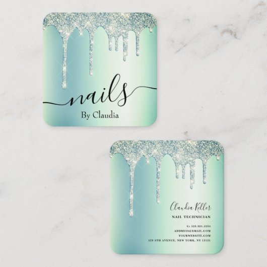 Elegant, stijlvol, groen gekleurd glitter druppelt vierkante visitekaartje (Voorkant / Achterkant)
