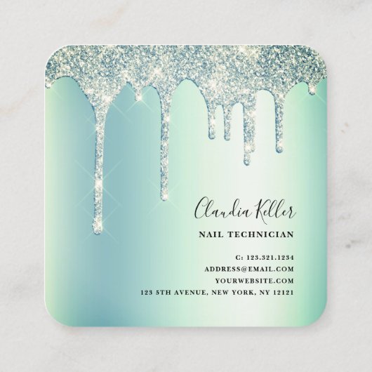 Elegant, stijlvol, groen gekleurd glitter druppelt vierkante visitekaartje (Achterkant)