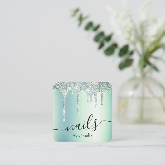 Elegant, stijlvol, groen gekleurd glitter druppelt vierkante visitekaartje (Staand voorkant)