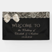 Elegant stijlvol, kant, boog, zwarte bruiloft bann spandoek (Horizontaal)