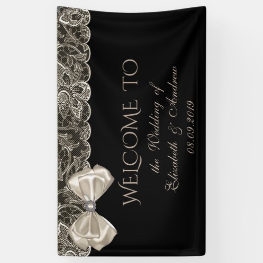 Elegant stijlvol, kant, boog, zwarte bruiloft bann spandoek (Verticaal)