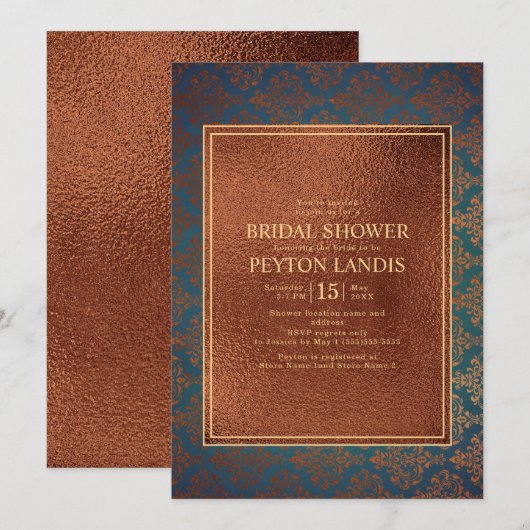 Elegant stijlvol koper, Blauwgroen Damask Vrijgeze Kaart (Voorkant / Achterkant)