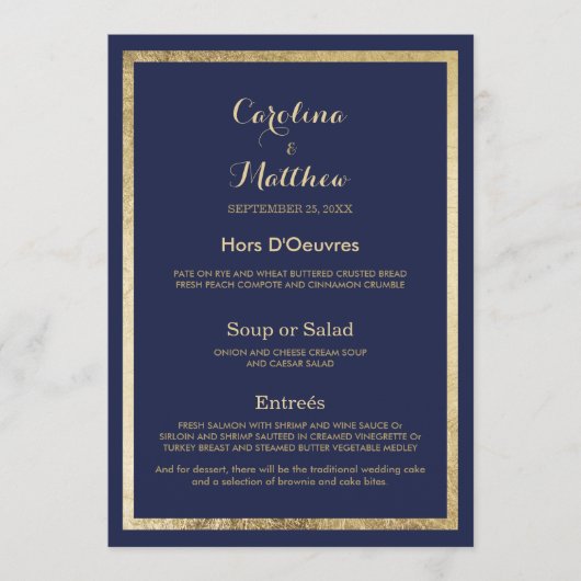 Elegant stijlvol marineblauw faux goud Bruiloft Me Menu (Voorkant)