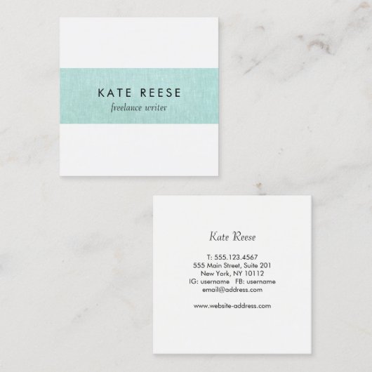 Elegant stijlvol modern Turquoise Linen Stripe Vierkante Visitekaartje (Voorkant / Achterkant)