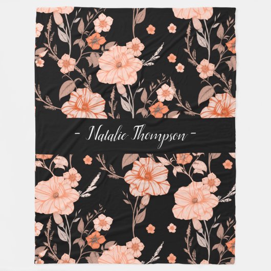 Elegant stijlvol monogrom l Zwart patroon bloemenm Fleece Deken (Voorkant)