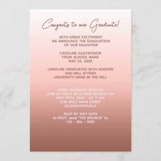 Elegant Stijlvol Ombre Coral Blush Pink Afstuderen Aankondiging (Achterkant)