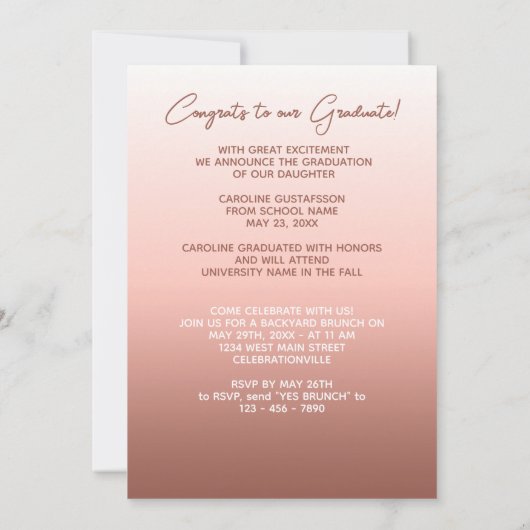 Elegant Stijlvol Ombre Coral Blush Pink Afstuderen Aankondiging (Achterkant)