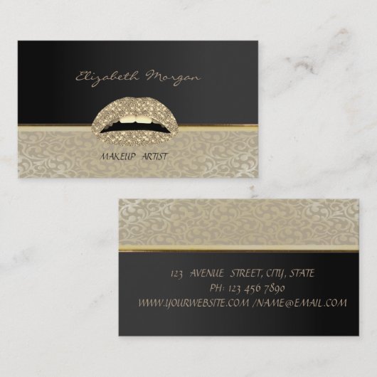 Elegant stijlvol ontwerp, Damask, Black, Lips Visitekaartje (Voorkant / Achterkant)
