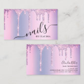 Elegant stijlvol paars glitter druipt nagels visitekaartje (Voorkant / Achterkant)