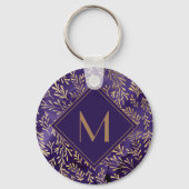 Elegant stijlvol Paars gouden bladmonogram Sleutelhanger (Voorkant)