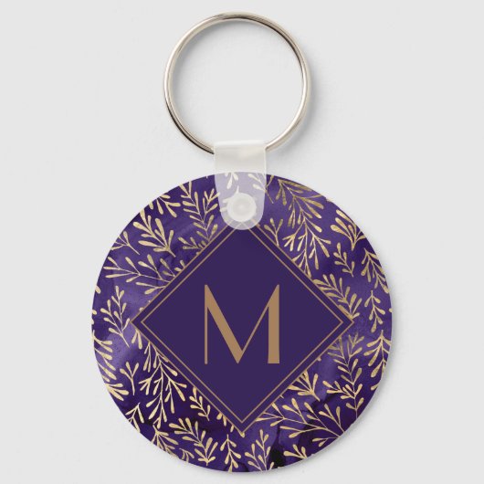 Elegant stijlvol Paars gouden bladmonogram Sleutelhanger (Voorkant)