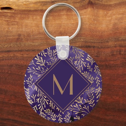 Elegant stijlvol Paars gouden bladmonogram Sleutelhanger (Voorkant)