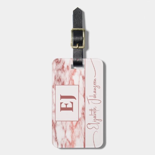Elegant Stijlvol Roos Goud & Wit Marmeren Monogram Bagagelabel (Voorkant verticaal)