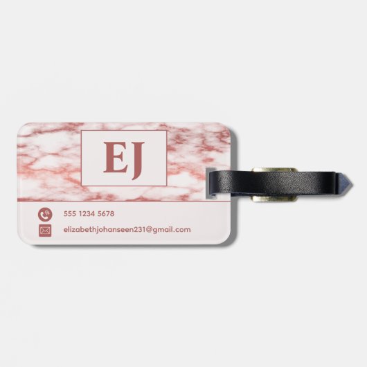 Elegant Stijlvol Roos Goud & Wit Marmeren Monogram Bagagelabel (Achterkant horizontaal)