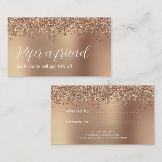 Elegant stijlvol roos goudglitter make-up en haar aanbevelingskaartje (Voorkant / Achterkant)