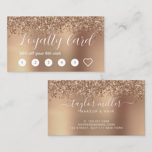 Elegant stijlvol roos goudglitter make-up en haar klantenkaartje (Voorkant / Achterkant)