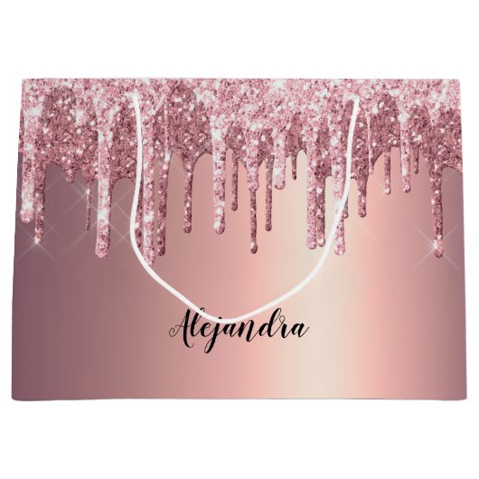 Elegant, stijlvol roos goudglitterdruppels groot cadeauzakje (Voorkant)