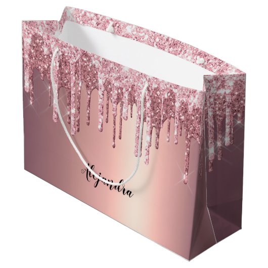 Elegant, stijlvol roos goudglitterdruppels groot cadeauzakje (Achterkant Gekanteld)