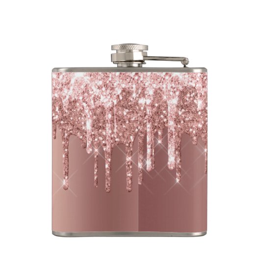 Elegant, stijlvol roos goudglitterdruppels heupfles (Achterkant)